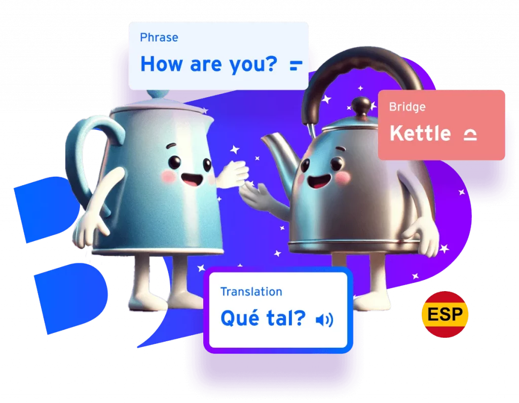 Mnemonic image to learn the phrase How are you in Spanish Visual mnemonics example for learning the Spanish phrase 'Qué tal' using kettles.