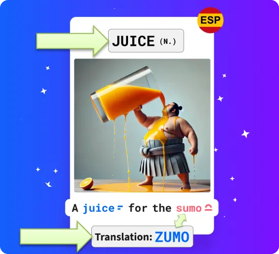 Visual mnemonic image for learning 'zumo' (juice) in Spanish with a sumo wrestler.