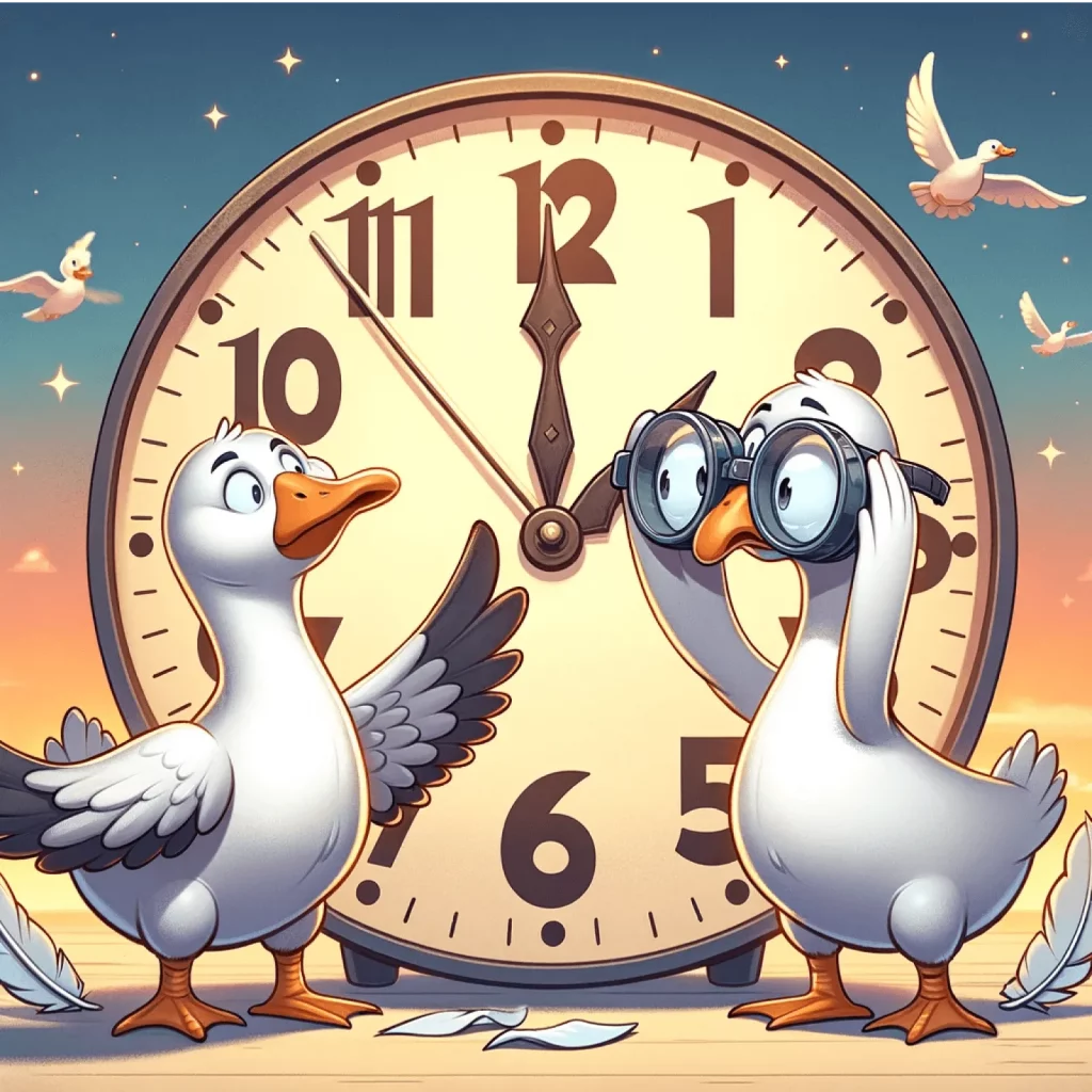 Visual mnemonic image for learning 'geezay' (time) in Amharic with cartoon geese wanting to know the time.