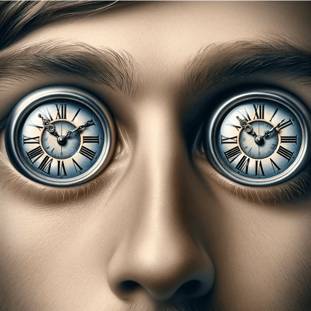 Visual mnemonic image for learning 'zeit' (time) in German with clocks on the eyes.