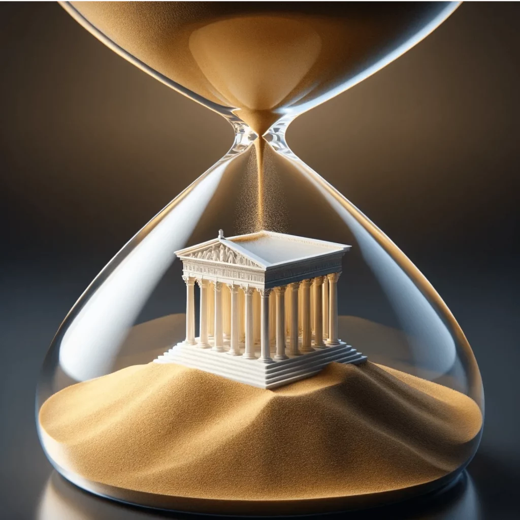 Visual mnemonic image for learning 'tempo' (time) in Italian and 'tiempo' (time) in Spanish, with the sands of time falling on a temple.