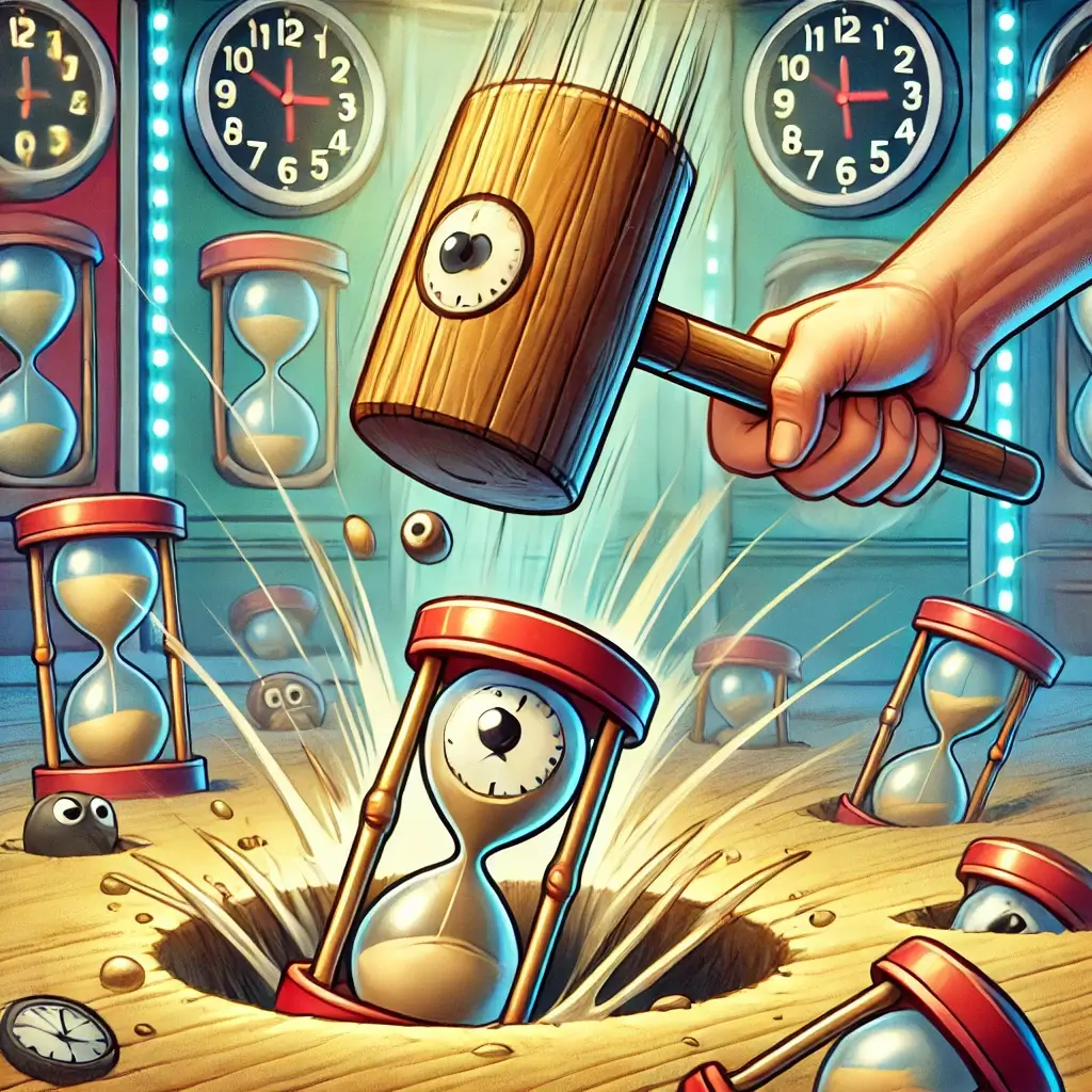 Visual mnemonic image for learning 'whakati' (time) in Swahili with a version of the game whak-a-mole where you smash hourglasses.