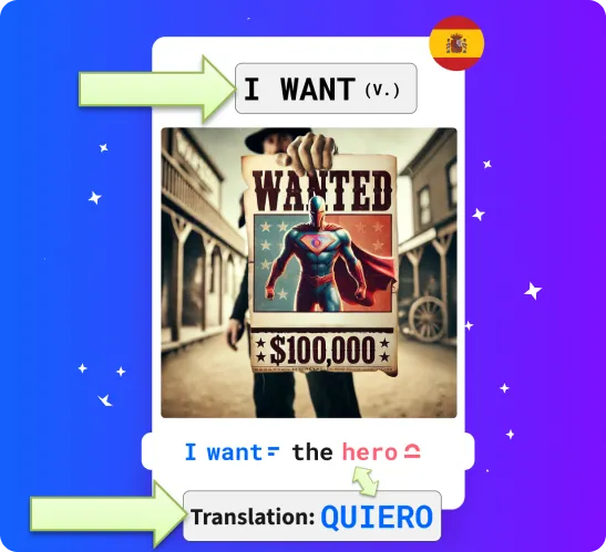 Visual mnemonic image for learning 'quiero' (I want) in Spanish with a "WANTED" poster featuring a hero.