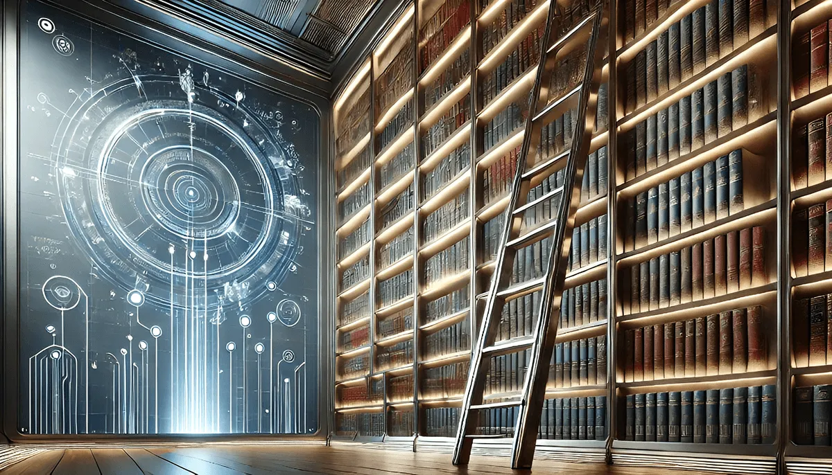 A futuristic photograph of a library full of mnemonics books.